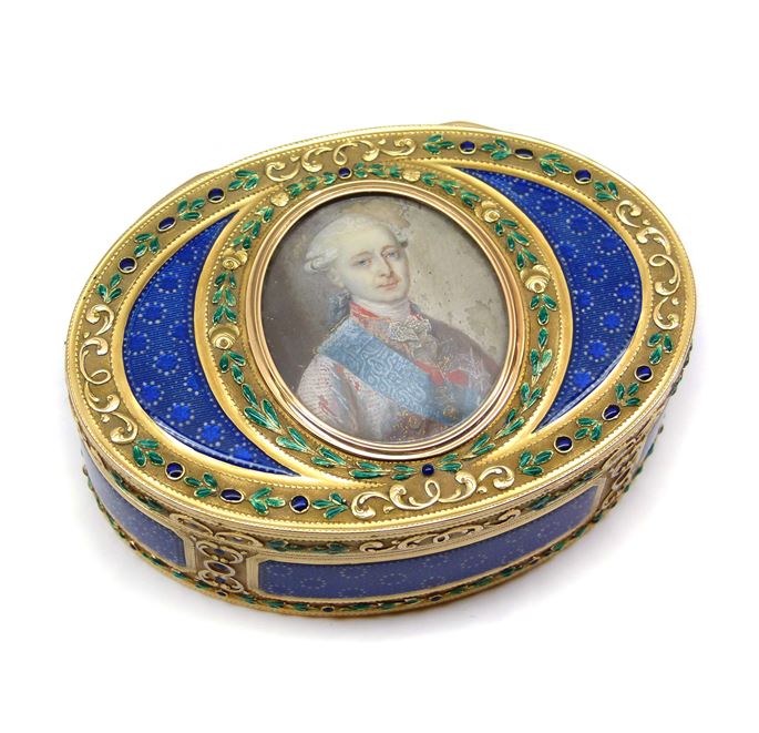 Louis XVI oval enamel and gold box with portrait miniature by Alexis Proffit, Paris 1786, the miniature of the duc de Penthievre by Nicholas Halle (French fl. 1782-1795), | MasterArt